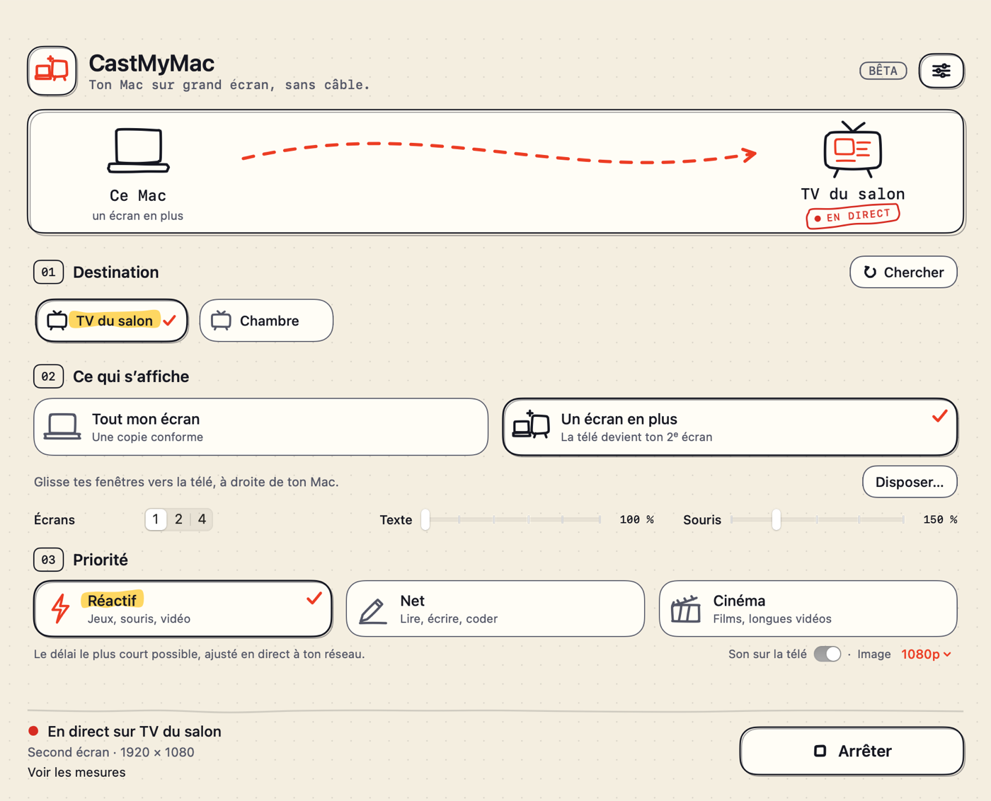 La fenêtre de CastMyMac pendant une diffusion vers la TV du salon
