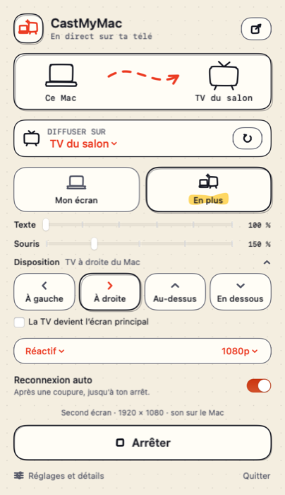 Le panneau de CastMyMac dans la barre des menus